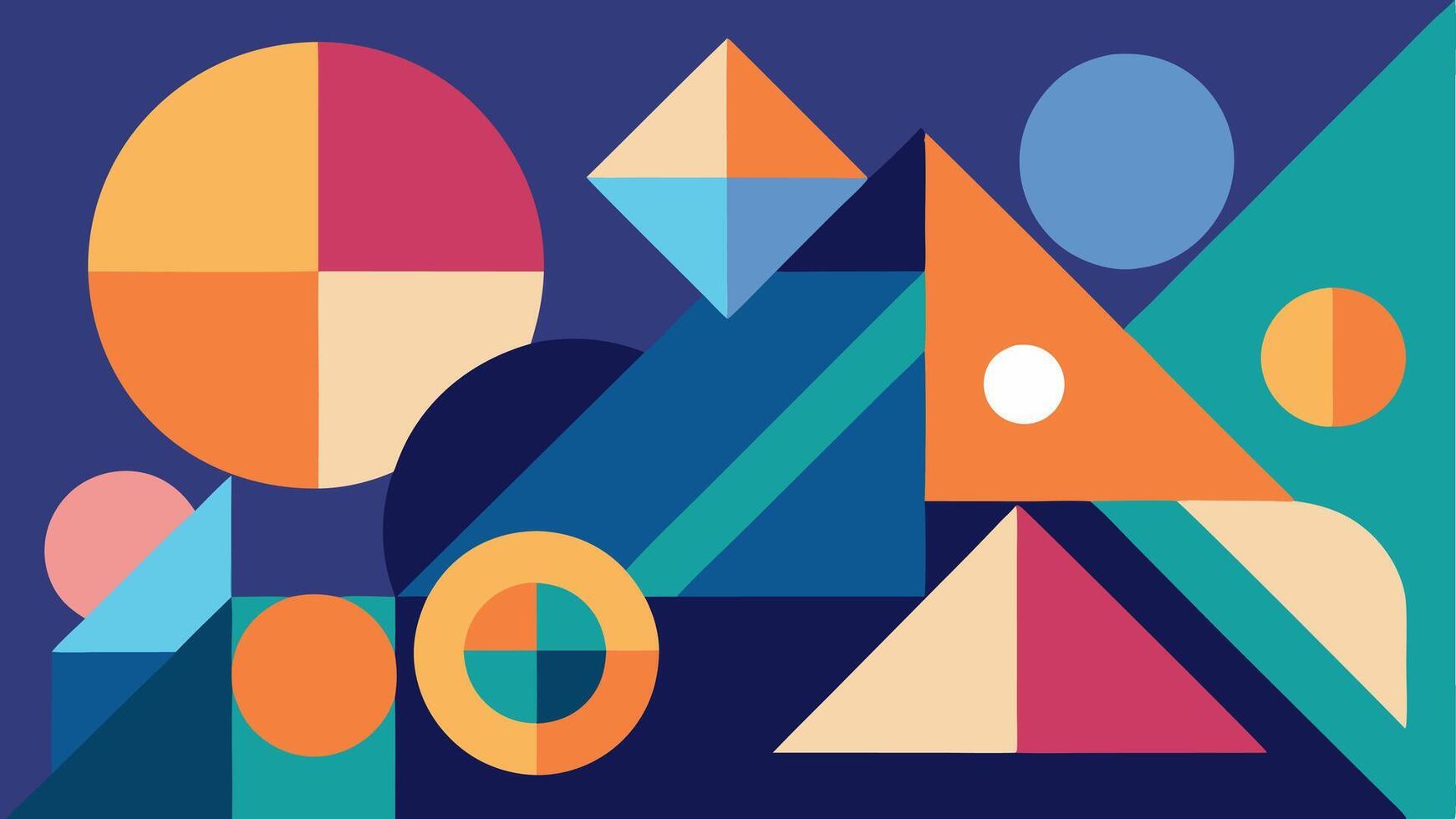 Geometric Patterns An abstract illustration featuring overlapping geometric shapes in an array of colors. Triangles circles and squares are layered to create depth and movement. vector