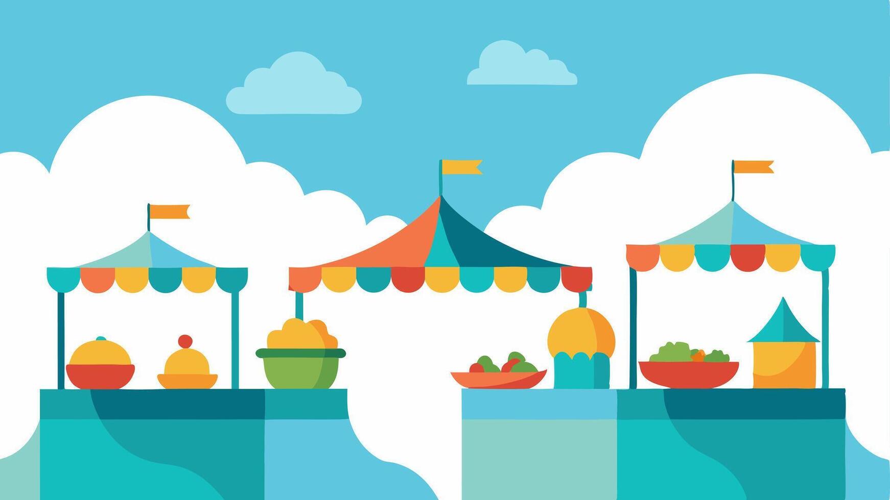 Marketplace in the Clouds An openair market spreads across a wide cloud platform with colorful stalls selling floating produce and artisanal goods. Shimmering canopies adorned with. vector