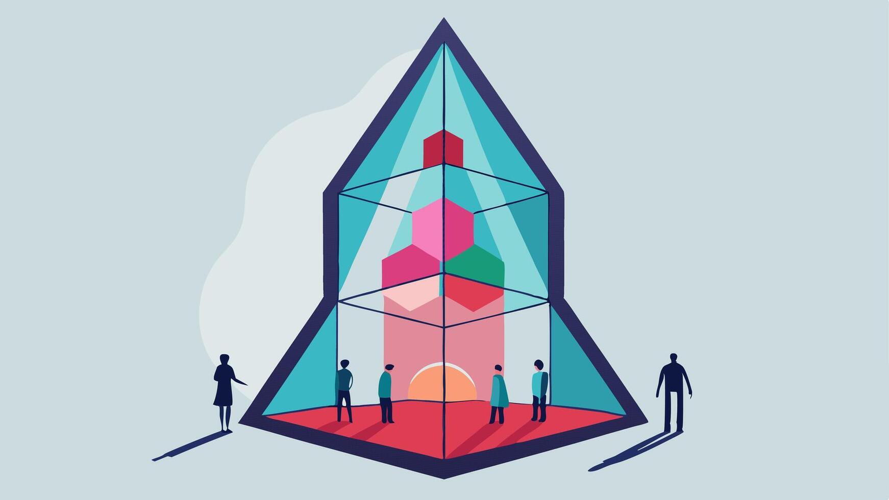 Glass Pyramid A towering pyramid made entirely of transparent glass panels rises into the sky. The sides are lined with hexagonal windows each offering a glimpse of the vibrant. vector