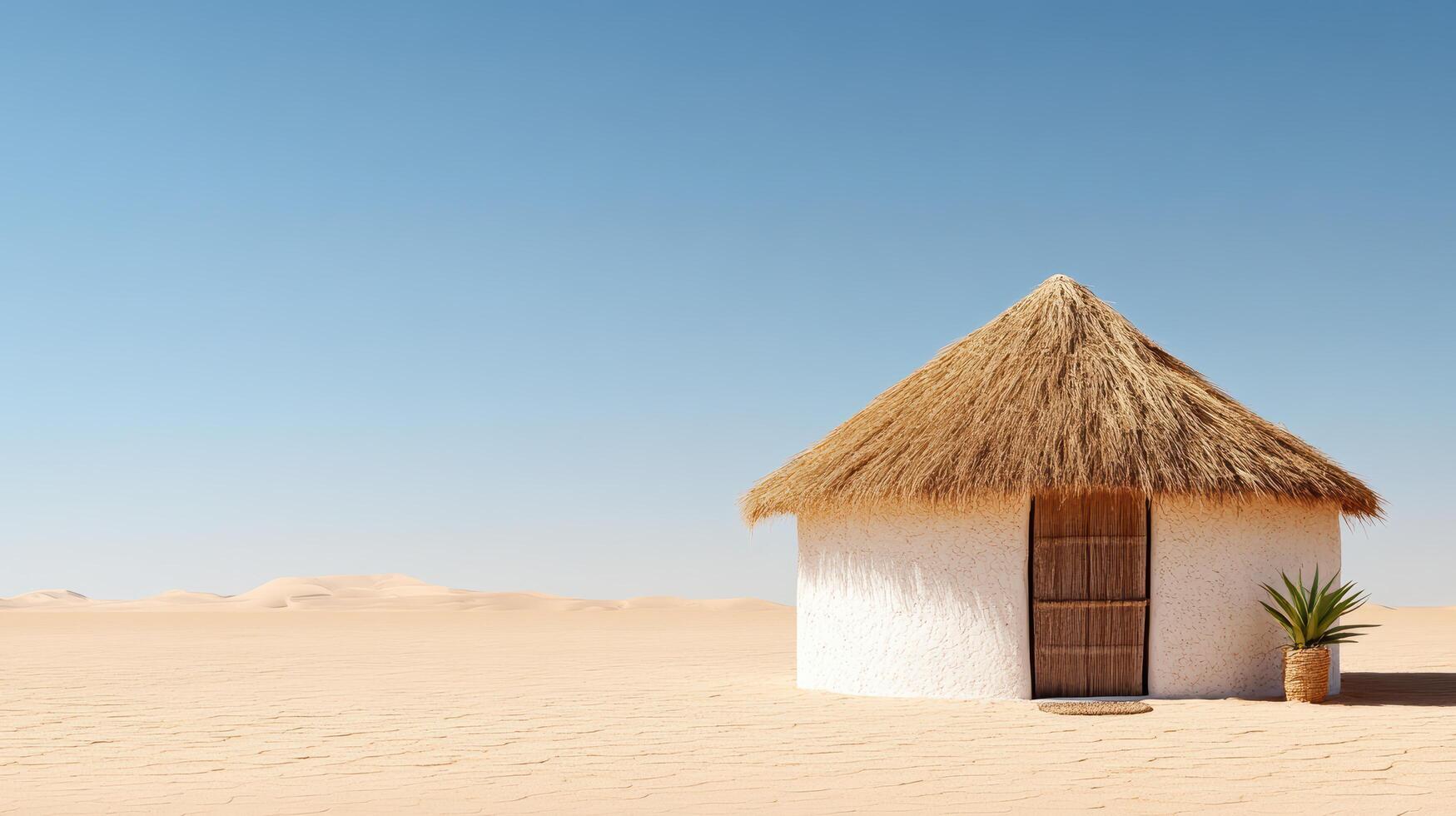 A small hut in the desert with a plant in the middle photo