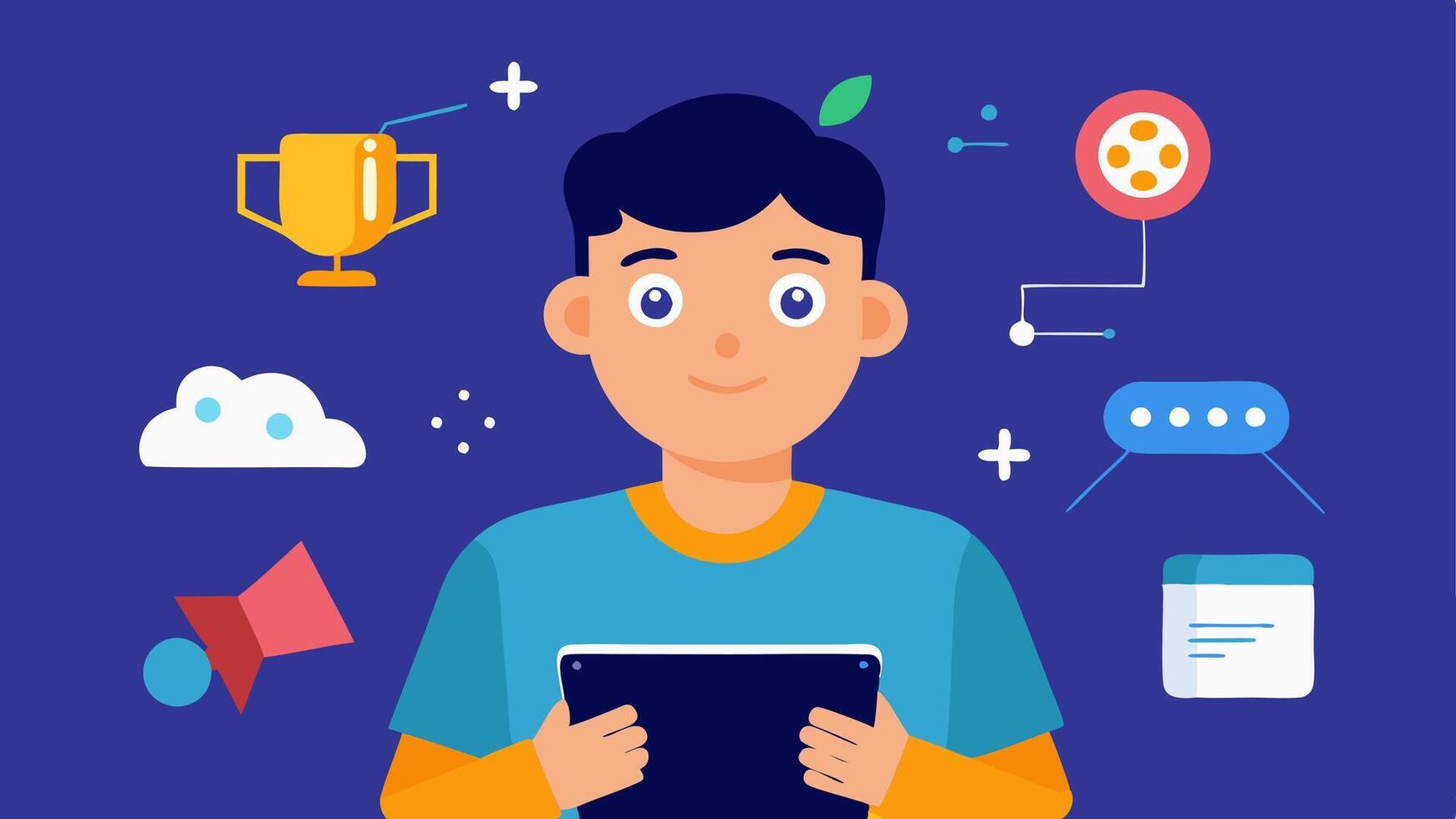 Gamified Learning Experience A student working on a learning game on a tablet with AI analyzing their gameplay and providing hints and challenges to keep them engaged and learning.. vector