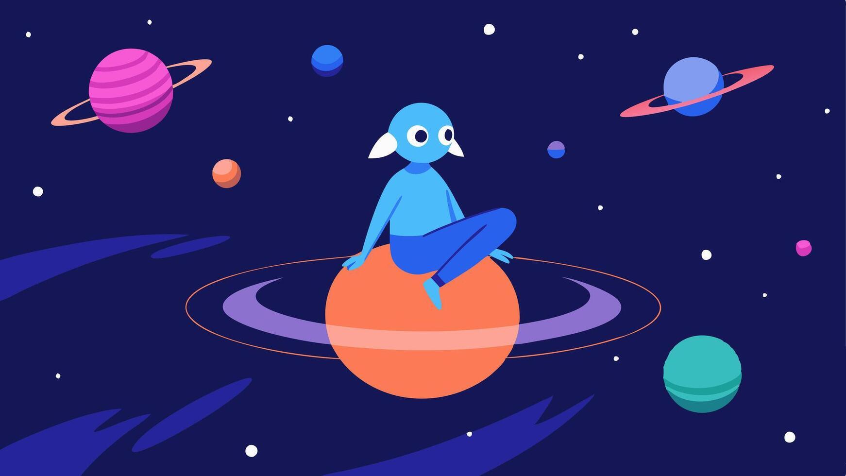 Floating Planets A whimsical cosmic scene depicting a character sitting on a floating planet thats upside down. Instead of following the gravitational pull the individual is. vector