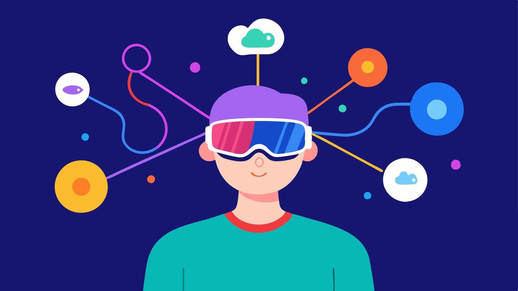 MindLinked Augmented Reality An individual is standing with augmented reality glasses. Brain waves are visually represented as colorful lines connecting to virtual objects that. vector