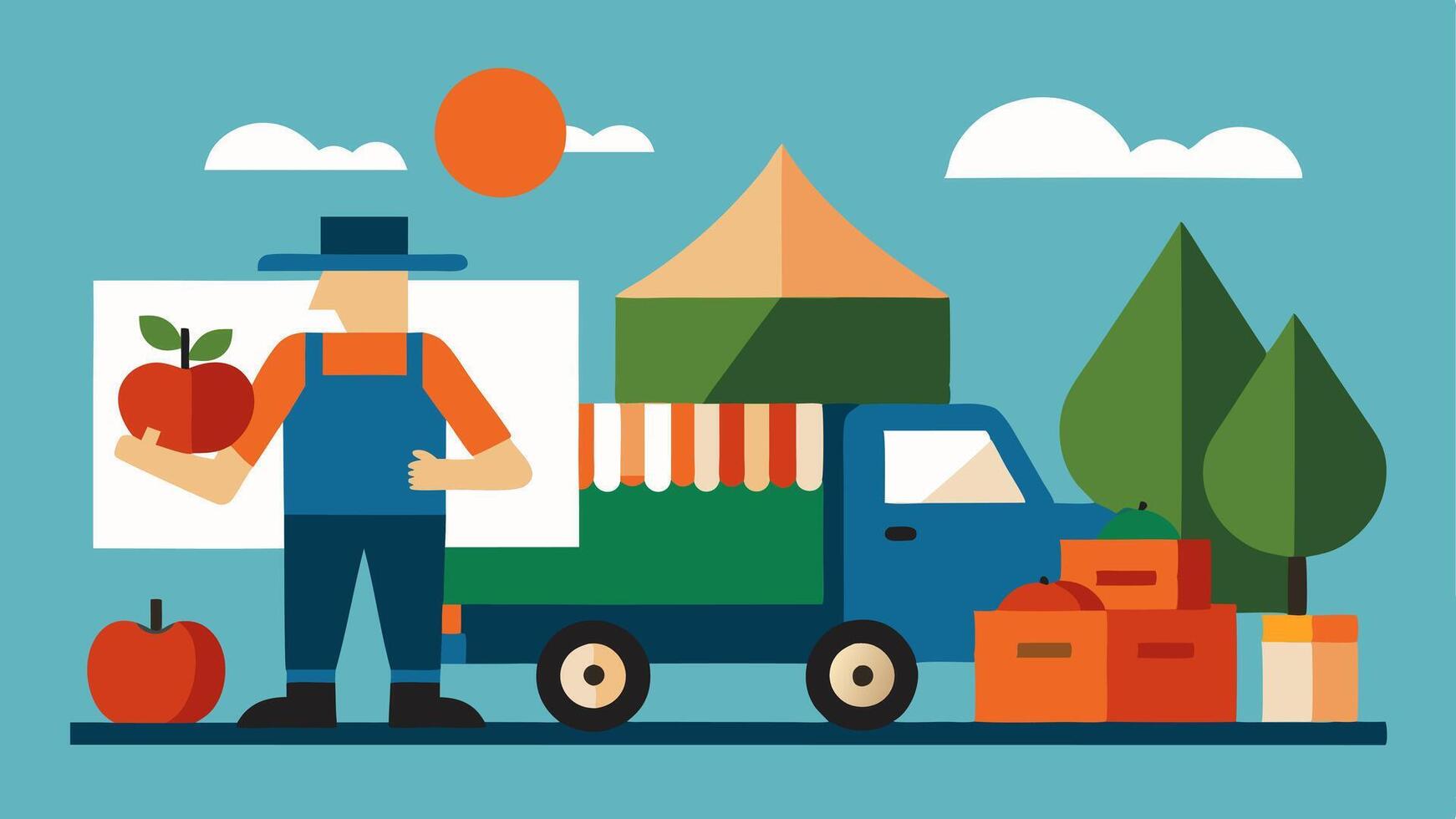 Market Control A farmer at a market stall struggling to compete against a large truck full of corporatebranded produce dominating the scene.. vector