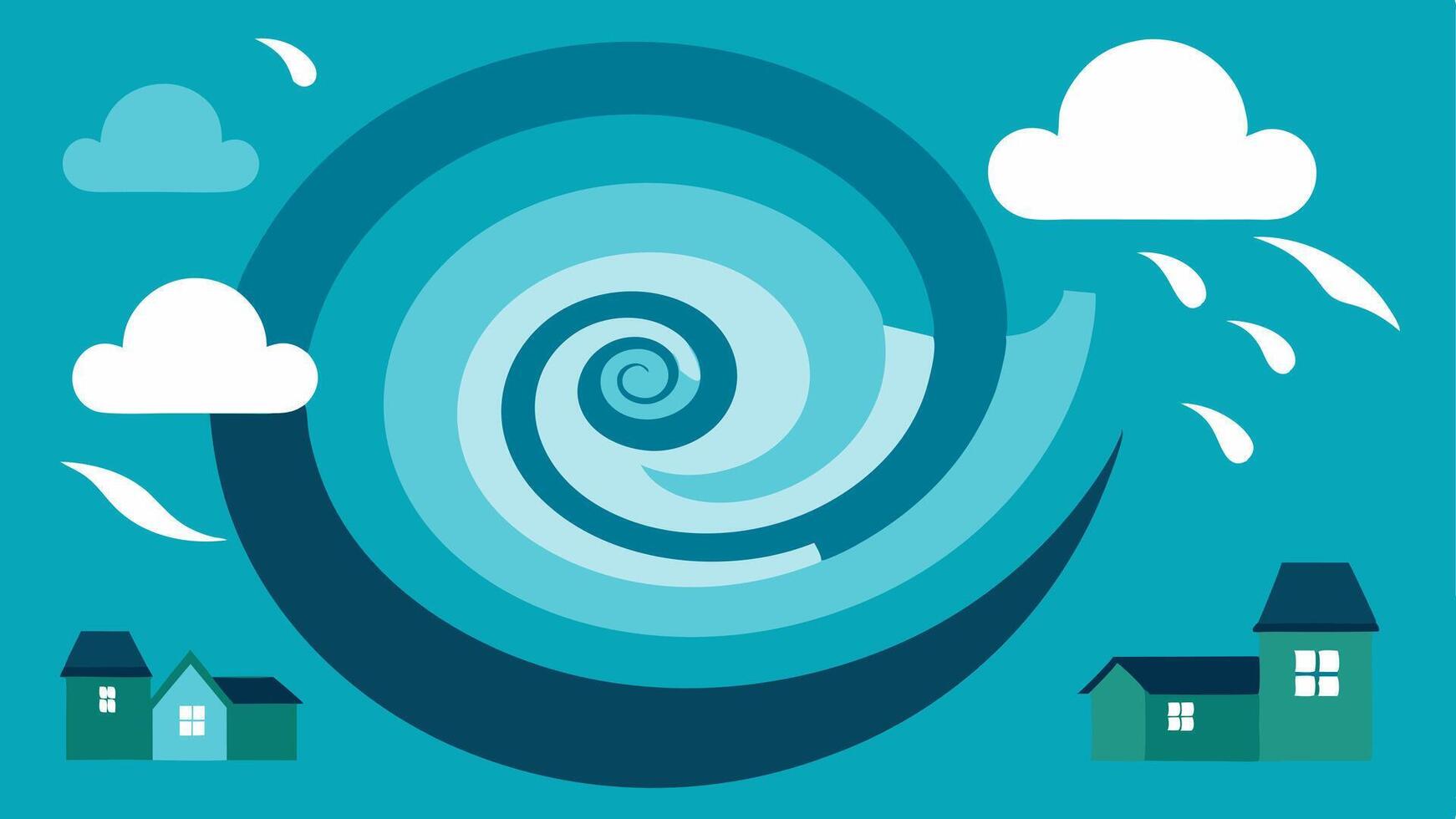 Hurricane Swirl A ation of a hurricane with spiraling clouds showing heavy rain and wind patterns and s of damaged buildings in the foreground.. vector