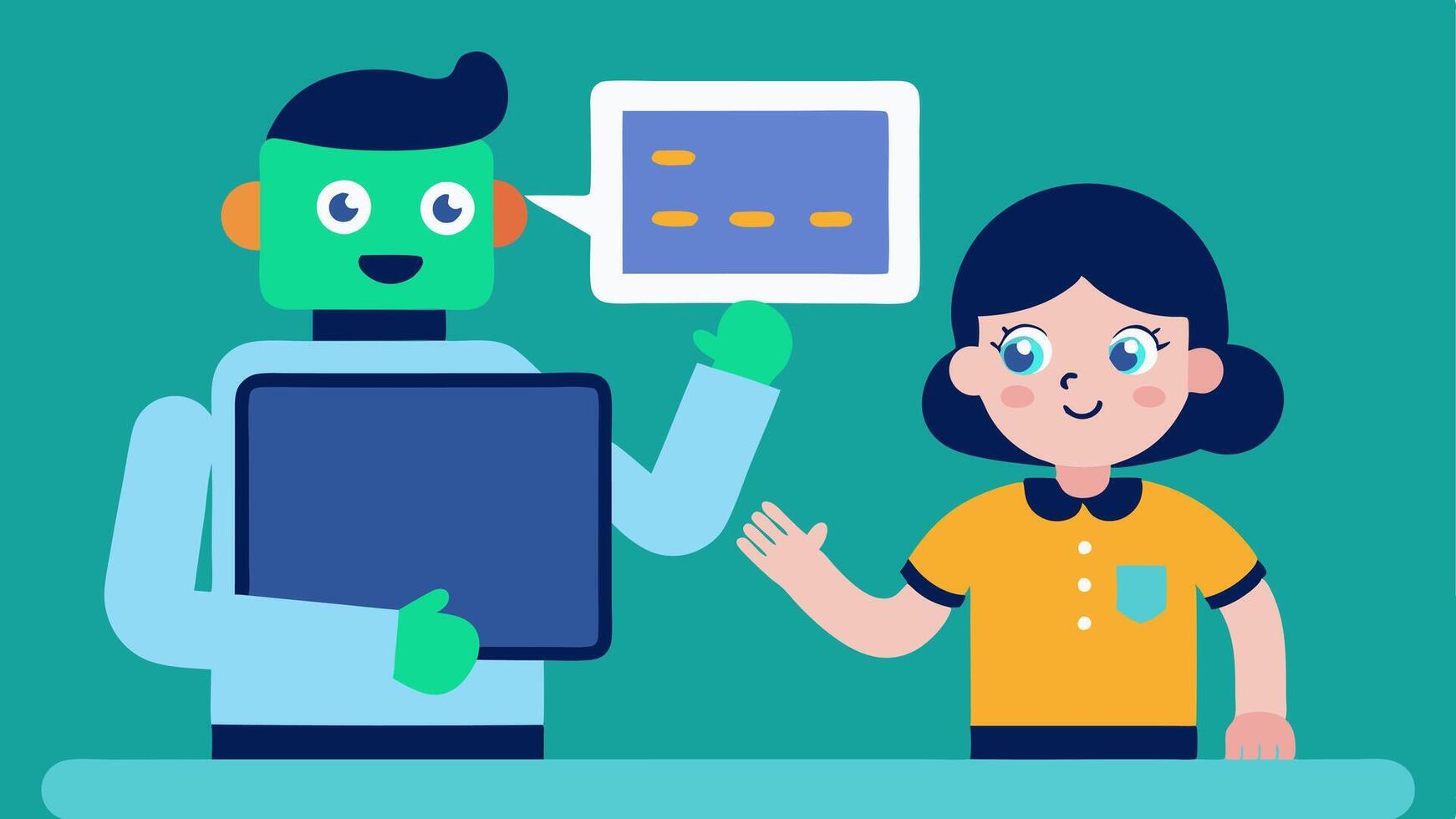 AI Tutor An anthropomorphic AI character next to a student pointing to a digital tablet displaying interactive lessons showcasing a friendly and supportive learning atmosphere.. vector