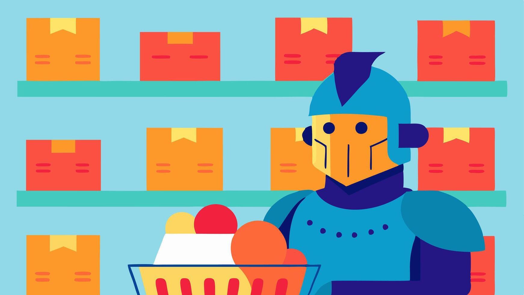 Grocery List Adventure The knight is seen reading a grocery list written on an old parchment squinting through his visor in confusion. The shopping cart is halffilled with snacks. vector