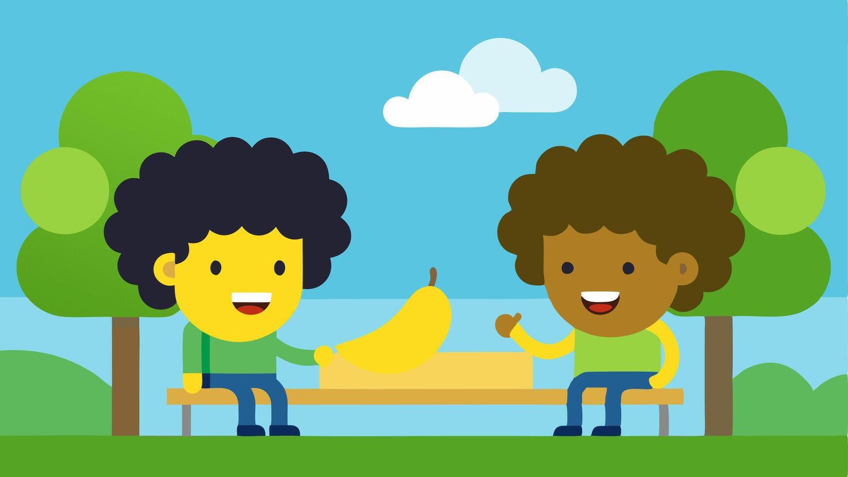 Joyful Conversation Two cartoonstyle characters one with curly hair and the other with straight hair are sitting on a park bench. Each holds a bright yellow banana to their ear. vector