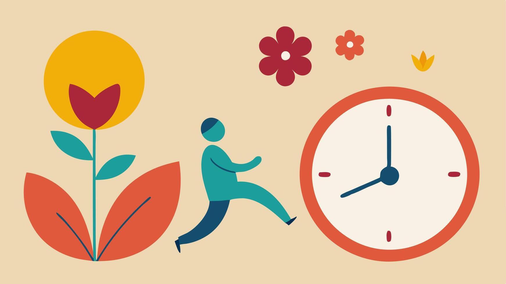 Clock Imagery The left side depicts a hurried clock with running figures while the right shows a relaxed clock with slowmoving flowers and a person practicing yoga indicating the. vector