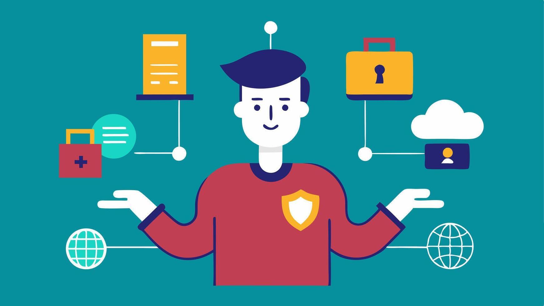 Data Ownership Control A graphic showing a person holding their data with a hand gesture indicating control while surrounded by symbols of blockchain and security.. vector