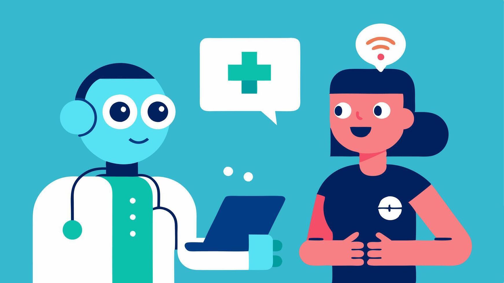 AI Health Assistant A friendly robot interacting with a patient showcasing how it analyzes individual health data to suggest personalized health and nutrition advice.. vector