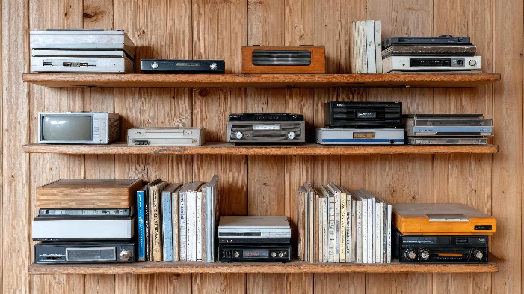 A shelf with many different types of electronics on it photo