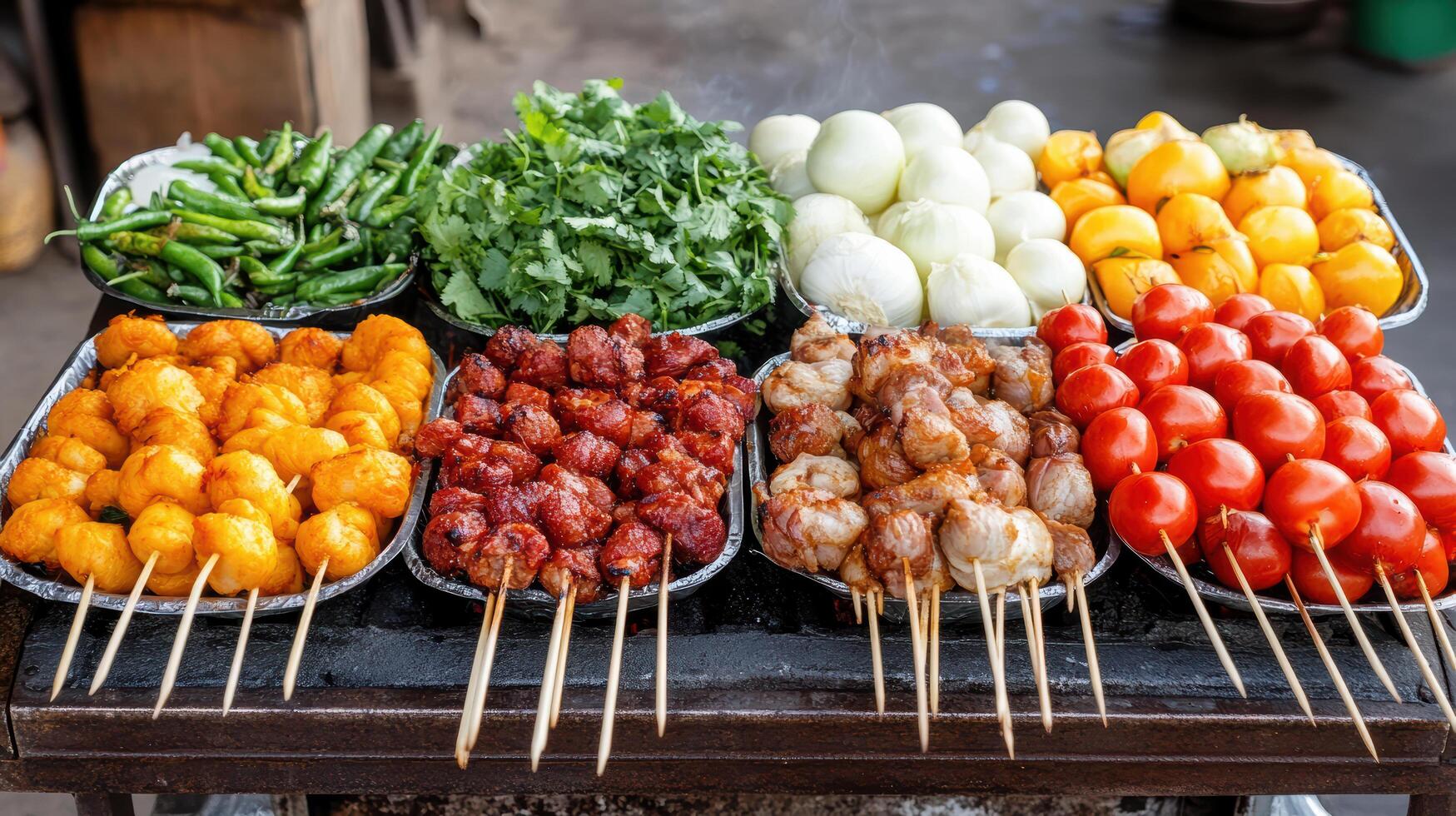 A variety of skewers with various vegetables on them photo