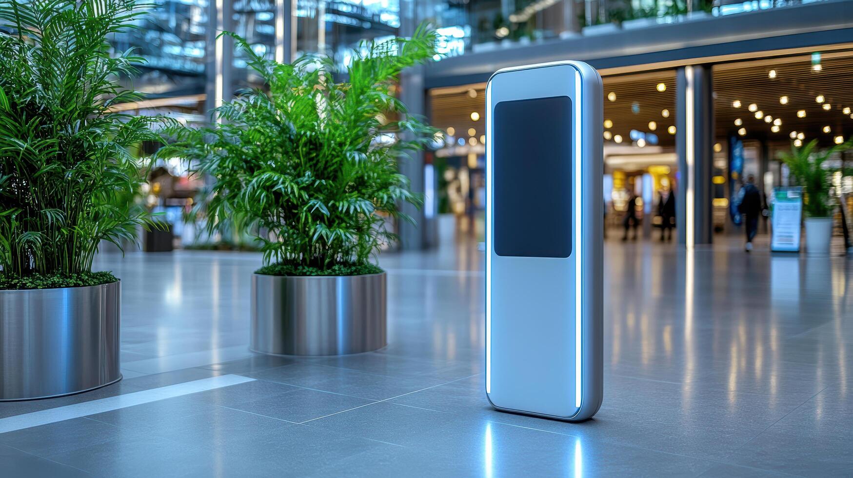 A large white electronic device in a large building photo