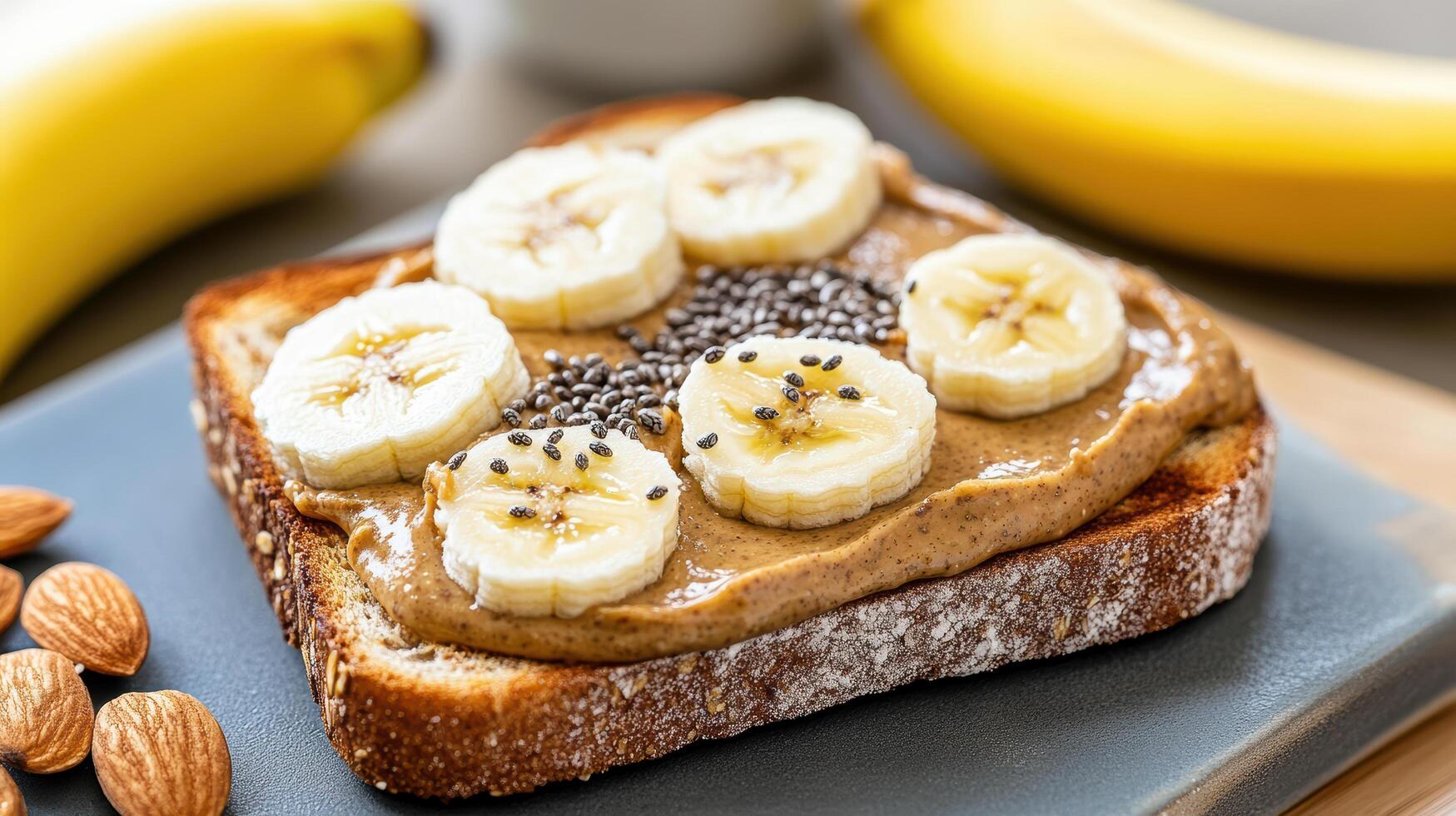 A slice of bread with peanut butter, bananas and chia seeds photo