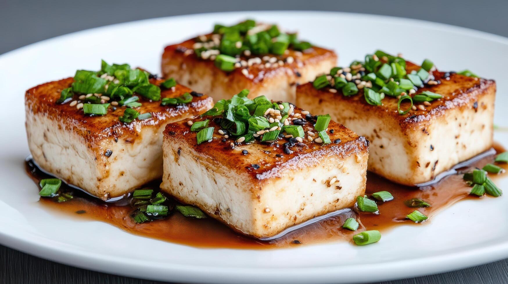 A plate of tofu with sesame seeds and sauce photo