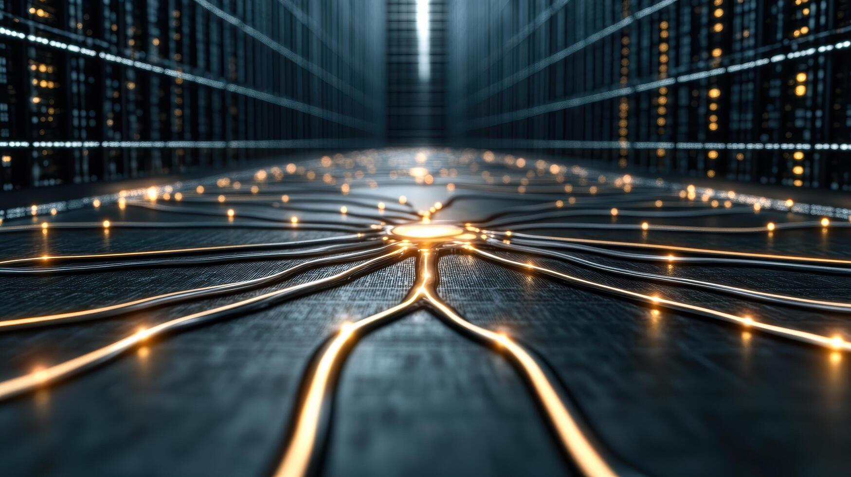 A network of data cables in a dark room photo