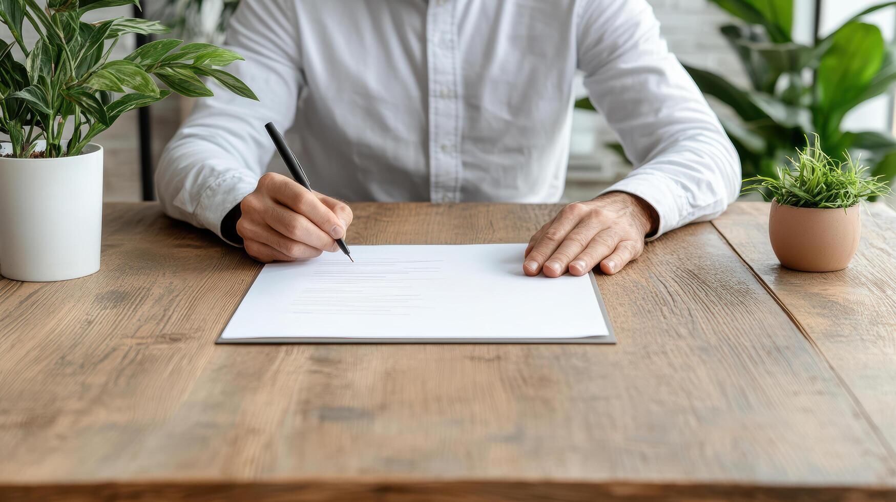 A man is signing a document on a wooden table photo
