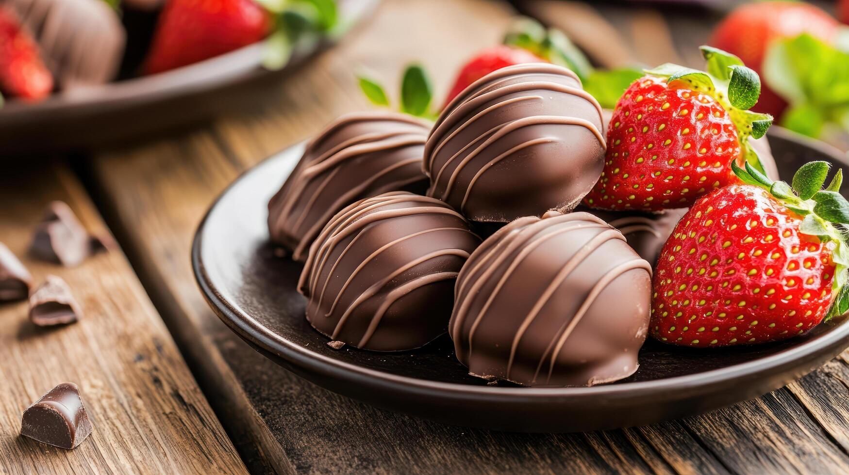 Chocolate covered strawberries on a wooden table photo