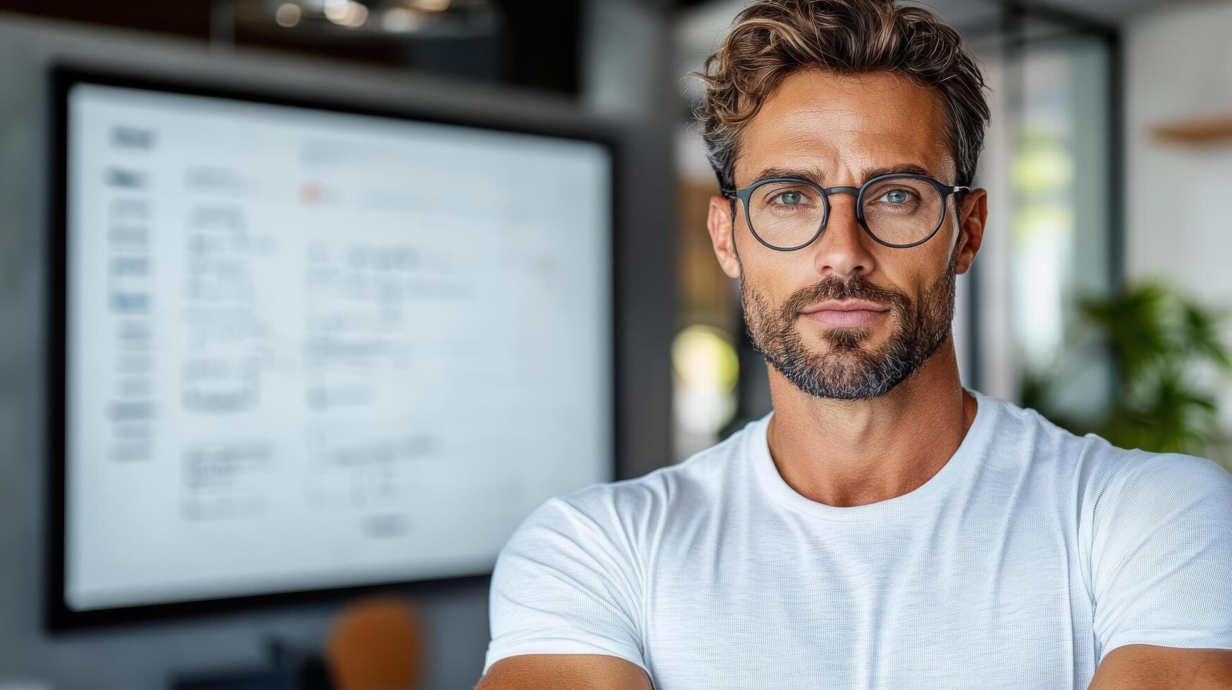 A man with glasses and a beard is standing in front of a whiteboard photo