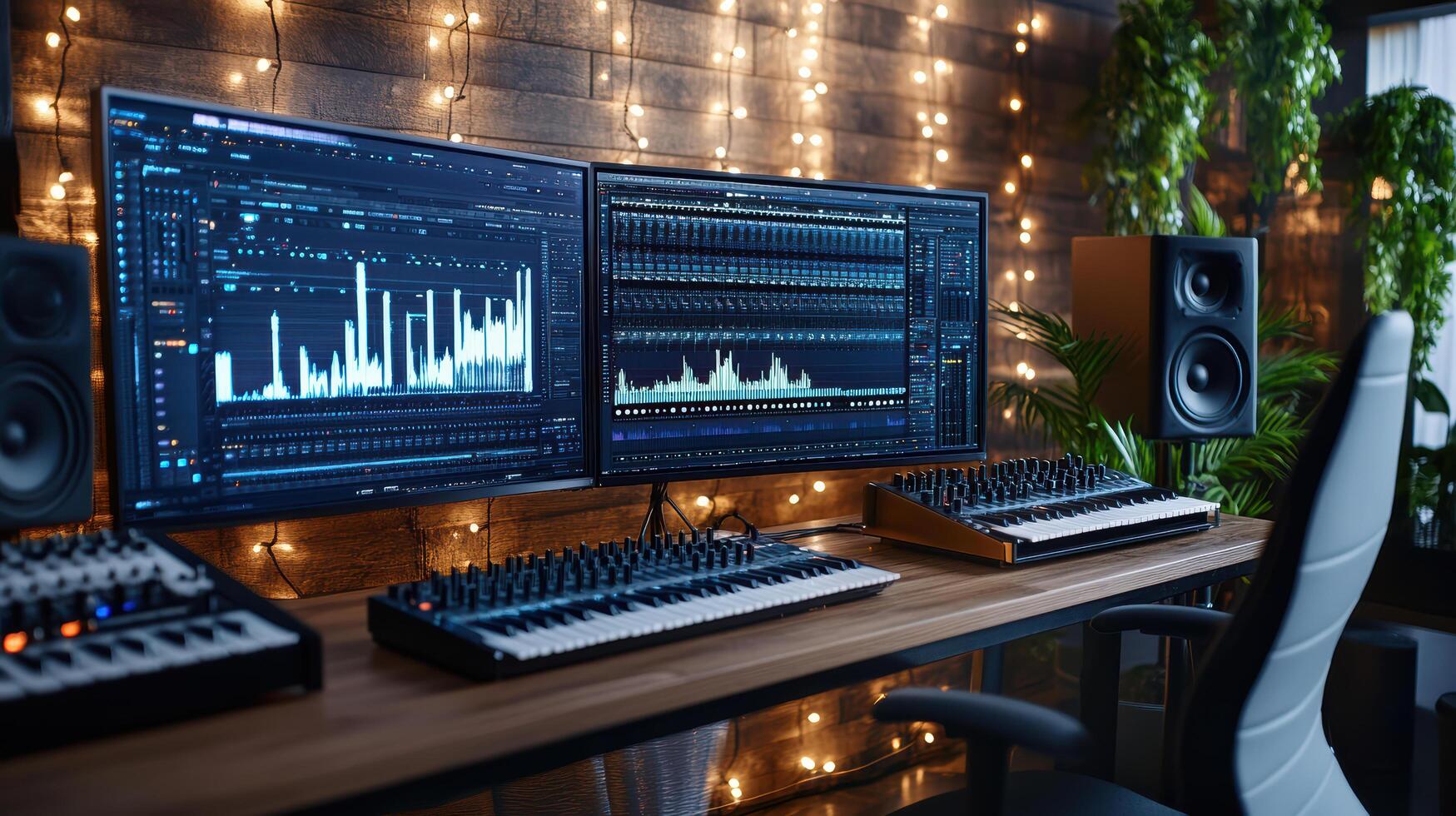 A computer with two monitors and a keyboard photo