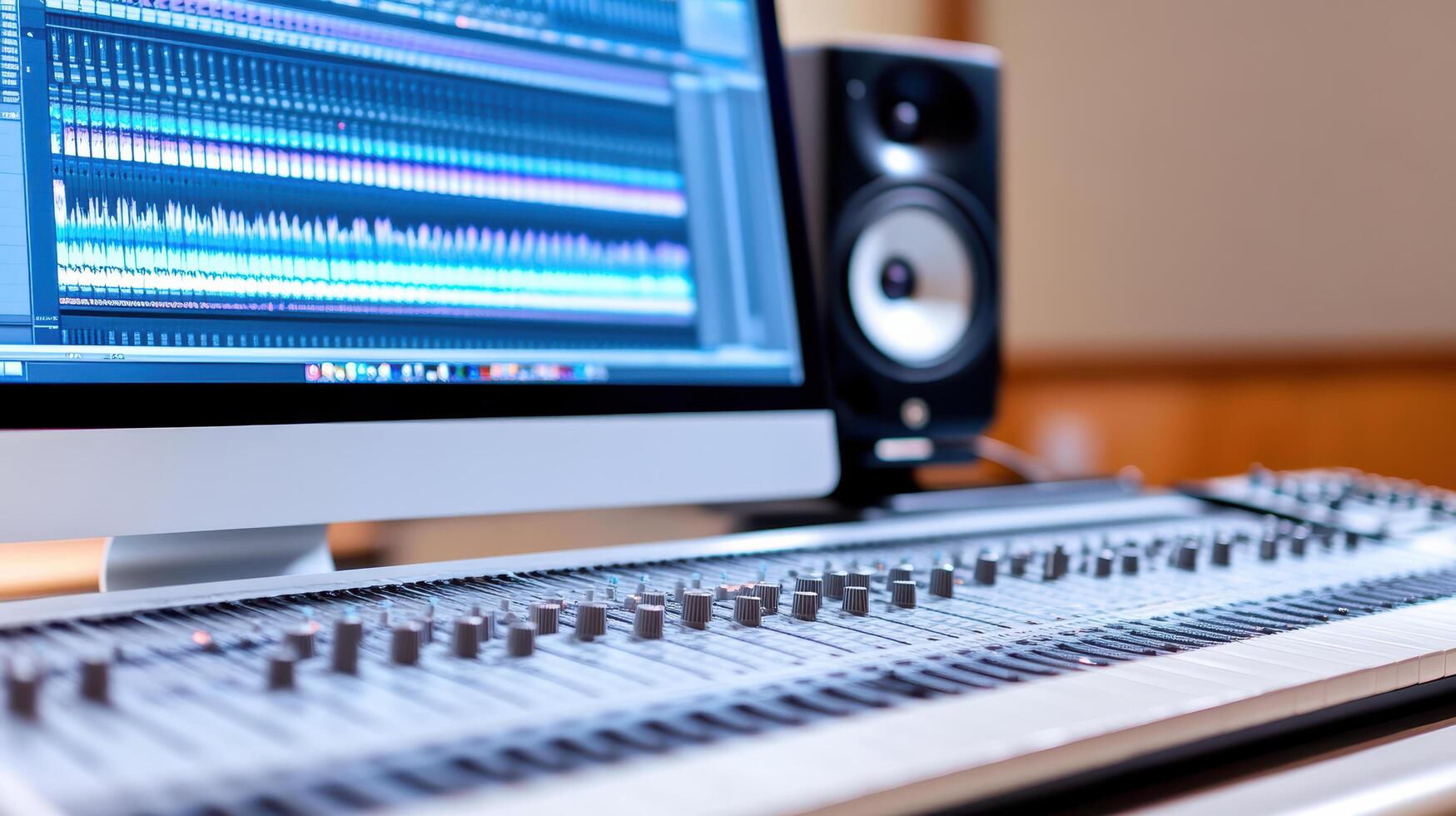 A computer monitor and mixer in a recording studio photo
