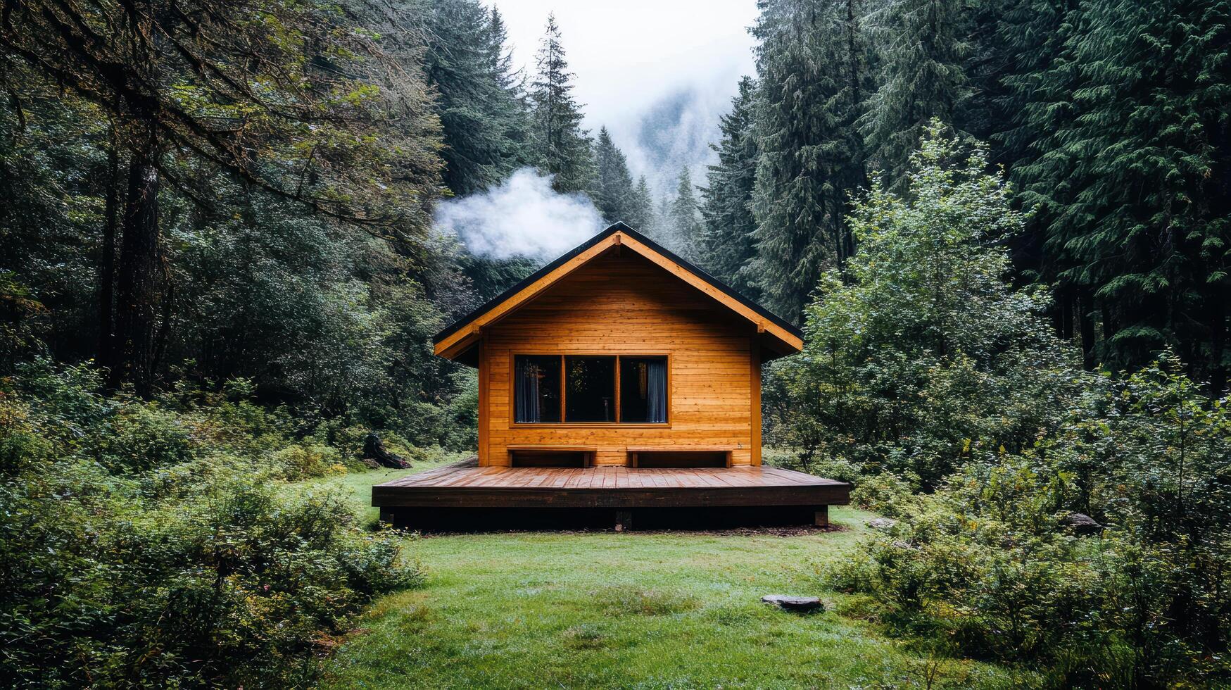 A small cabin in the woods with smoke coming out of it photo