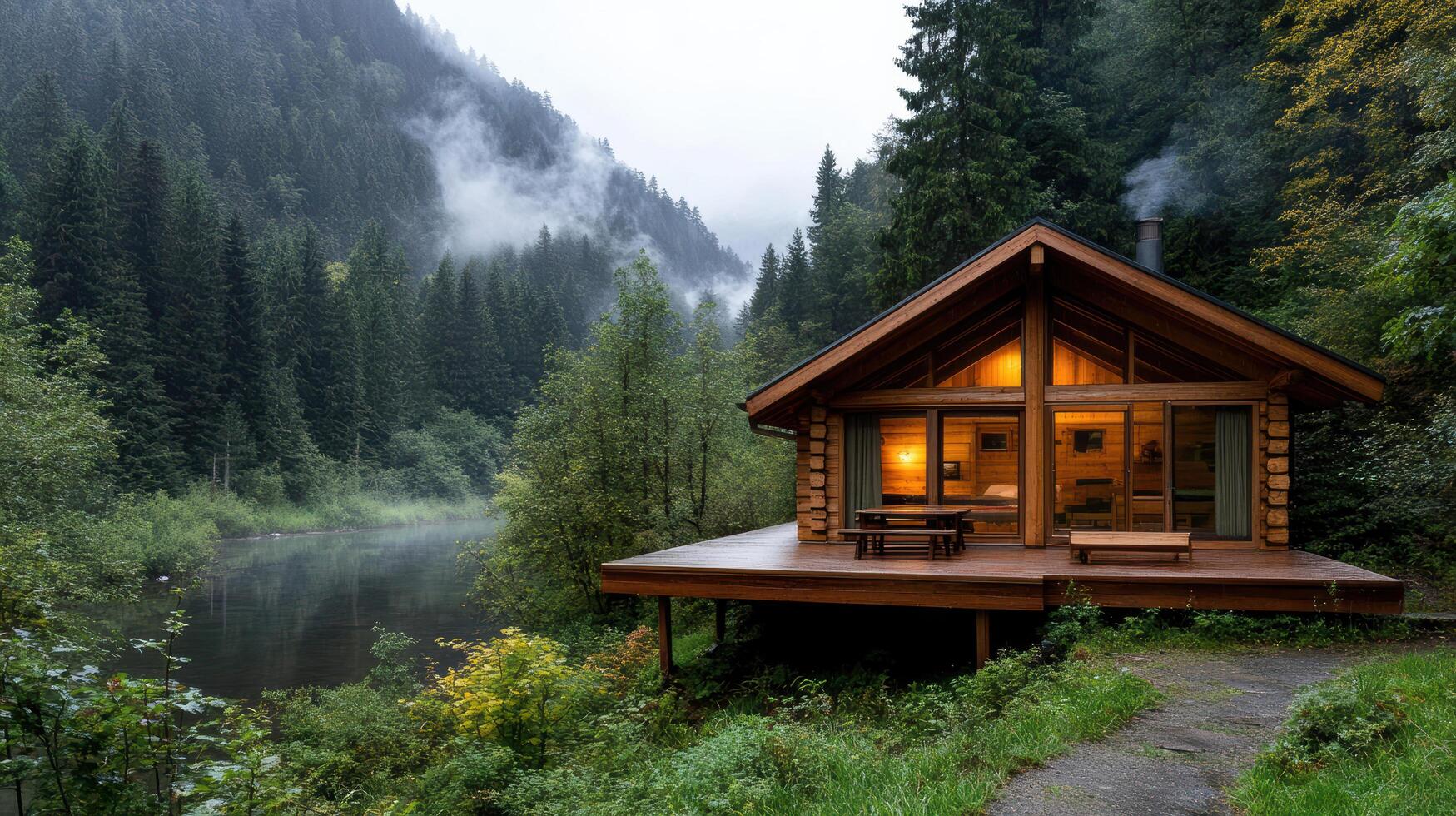 A cabin sits on a deck overlooking a river photo