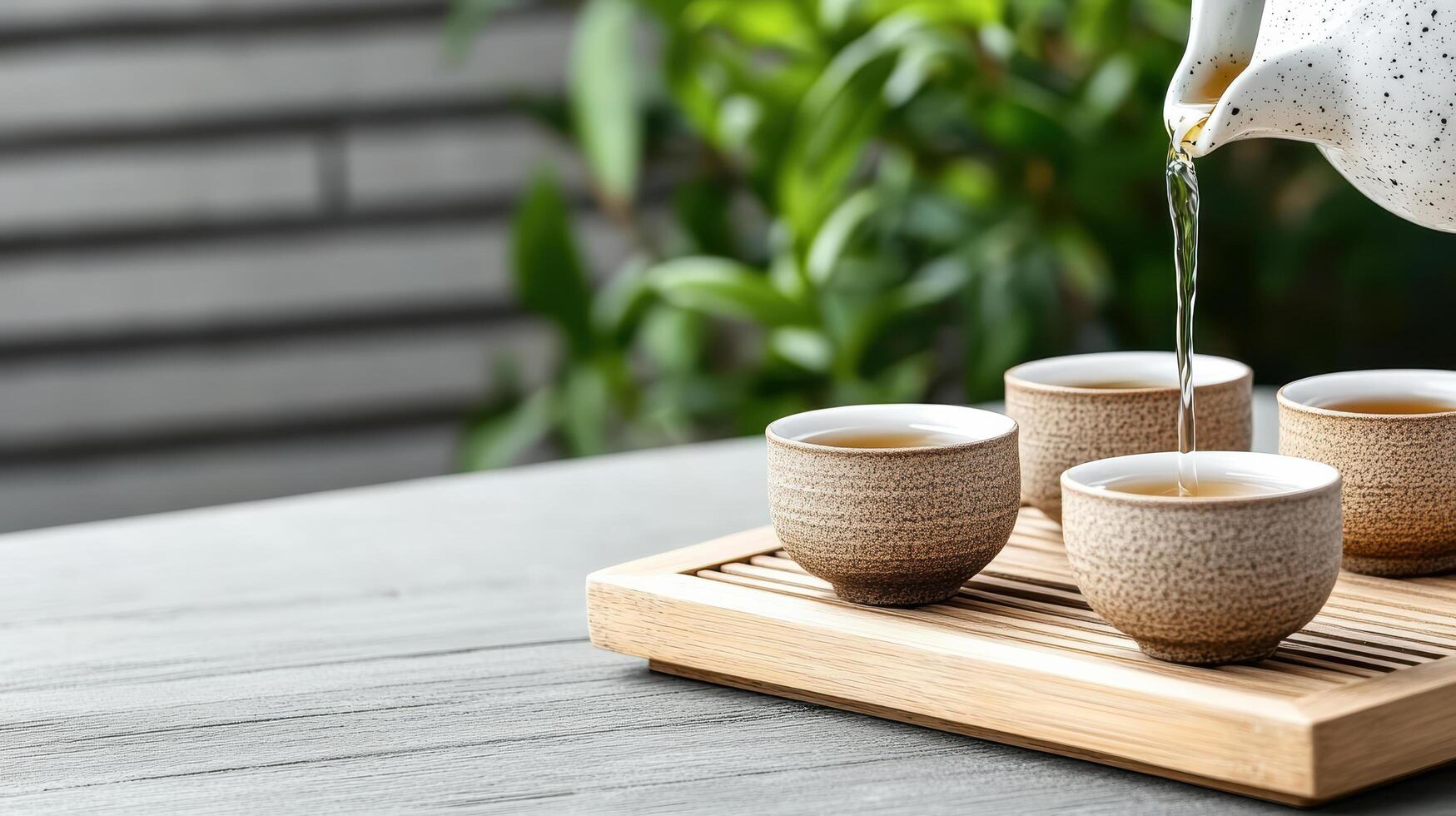 Tea being poured into cups on a wooden tray photo