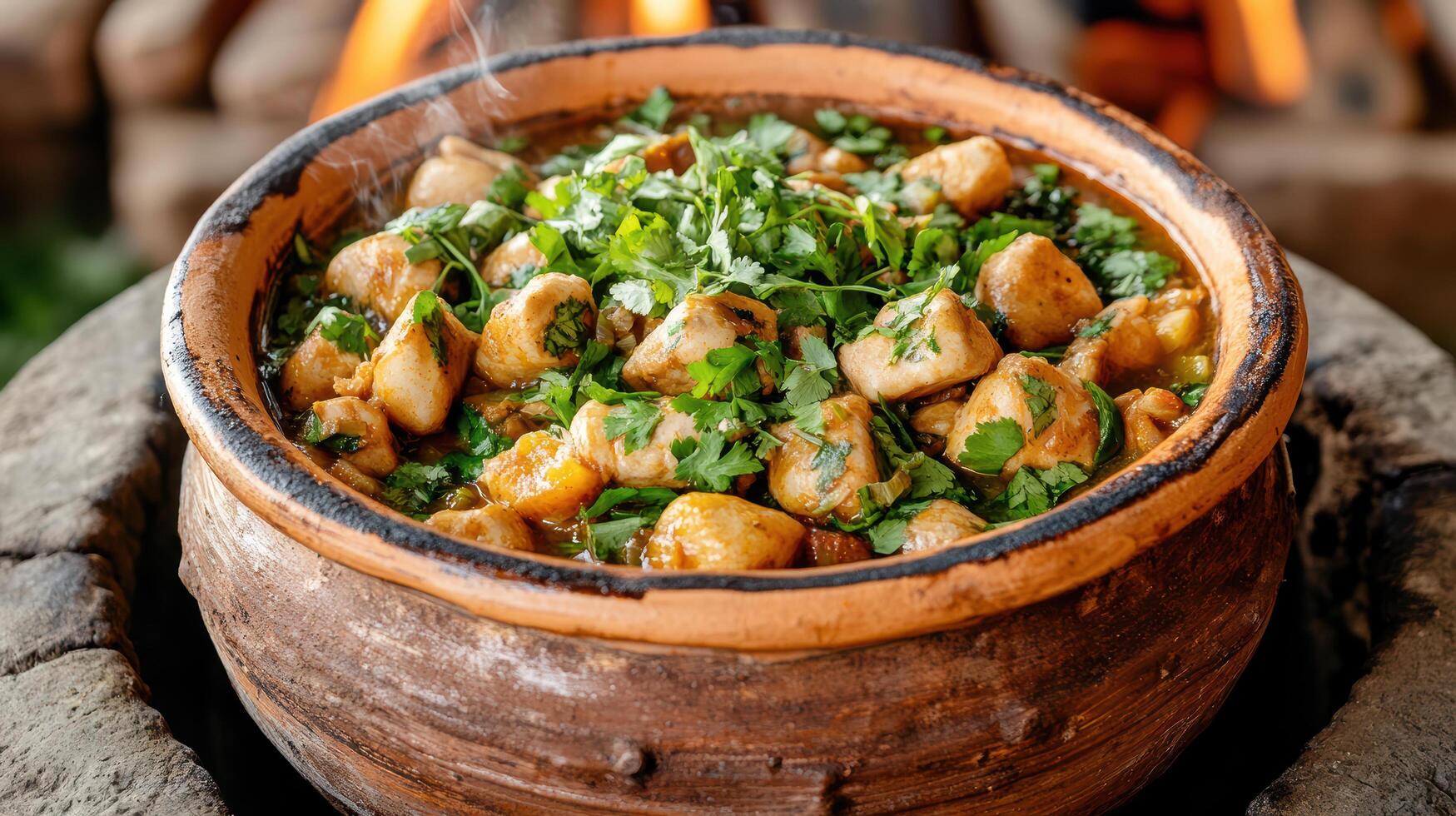 A pot filled with food and herbs sitting on top of an open fire photo