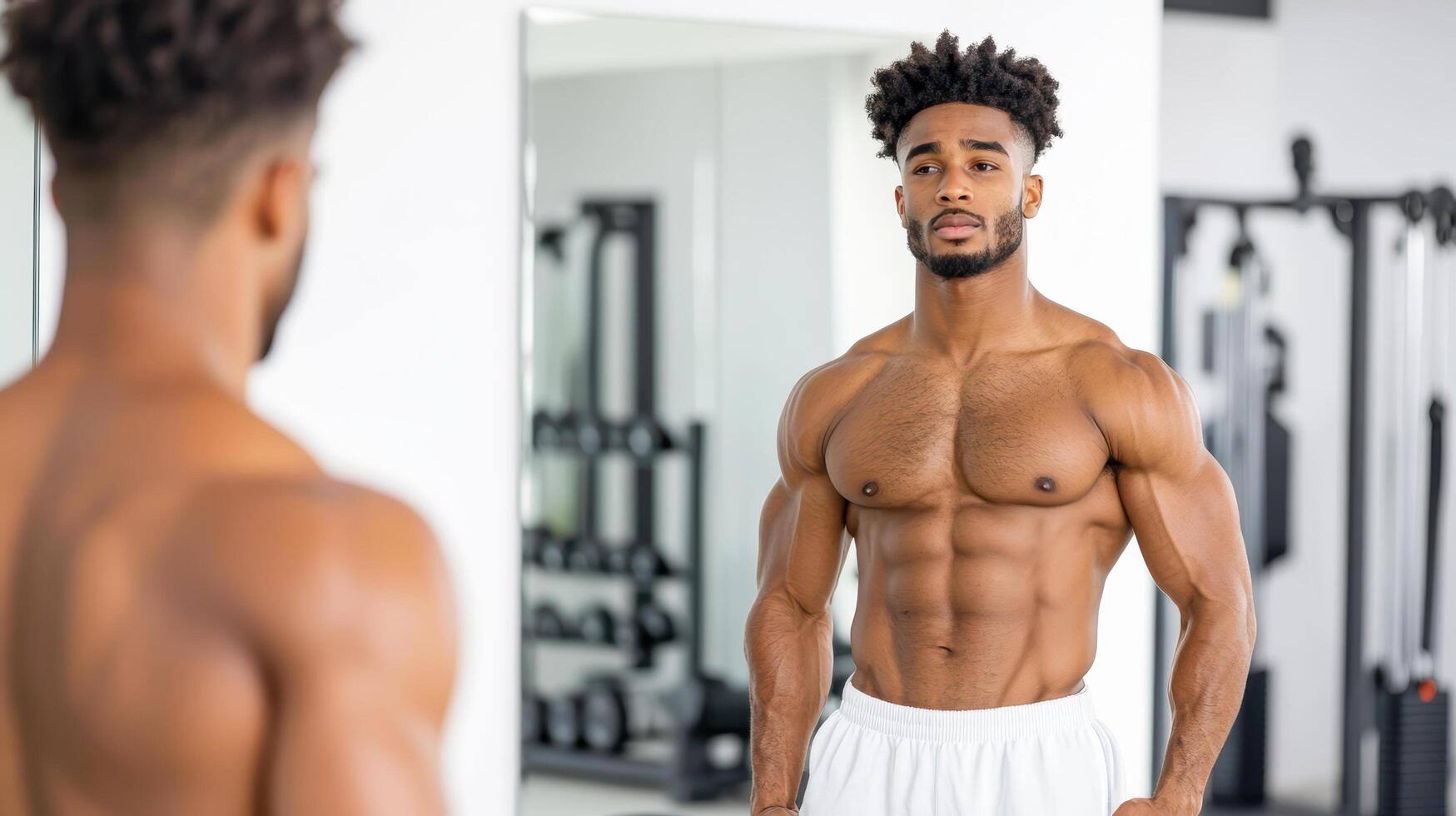 A man with a muscular body is looking at himself in the mirror photo
