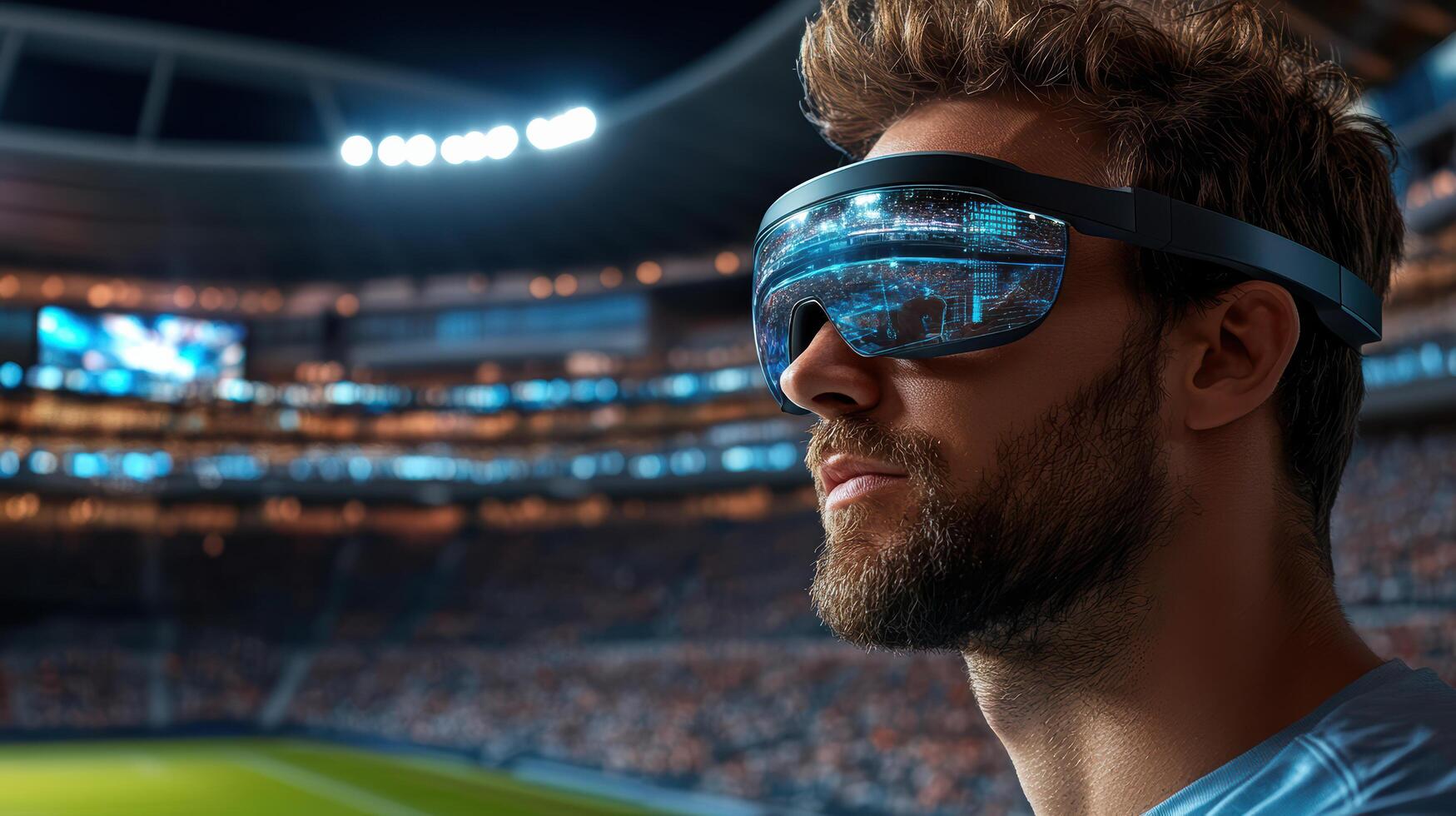 A man wearing virtual reality glasses at a football stadium photo