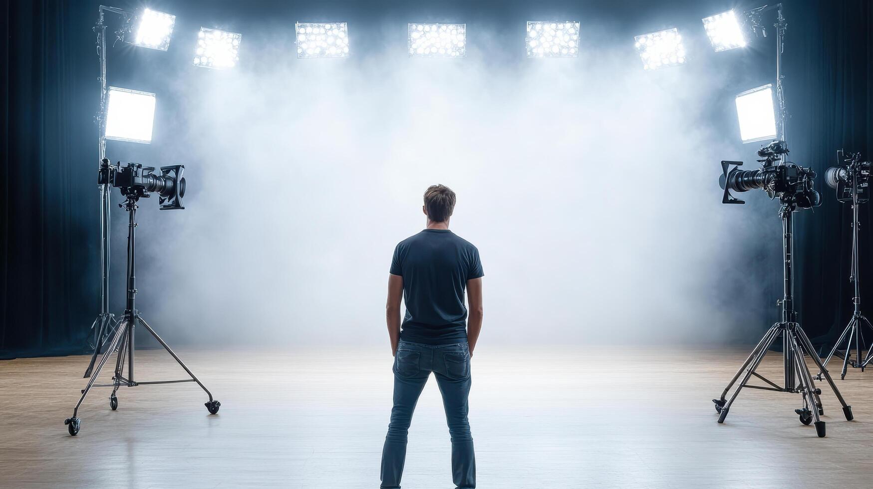 A man standing in front of a stage with lights photo