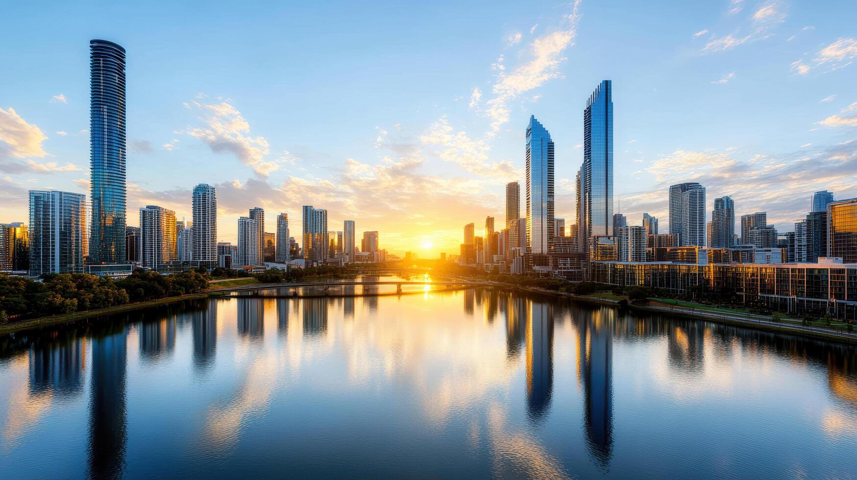 A city skyline with a river and water at sunset photo