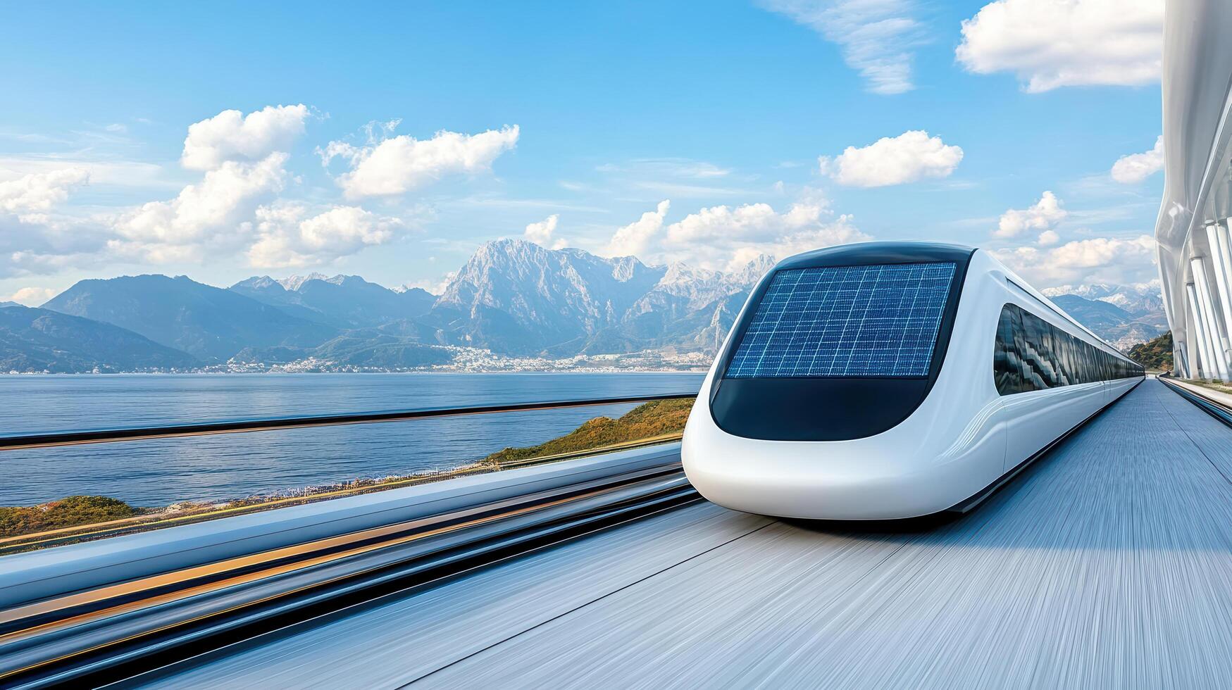 A futuristic train traveling on a track with mountains in the background photo