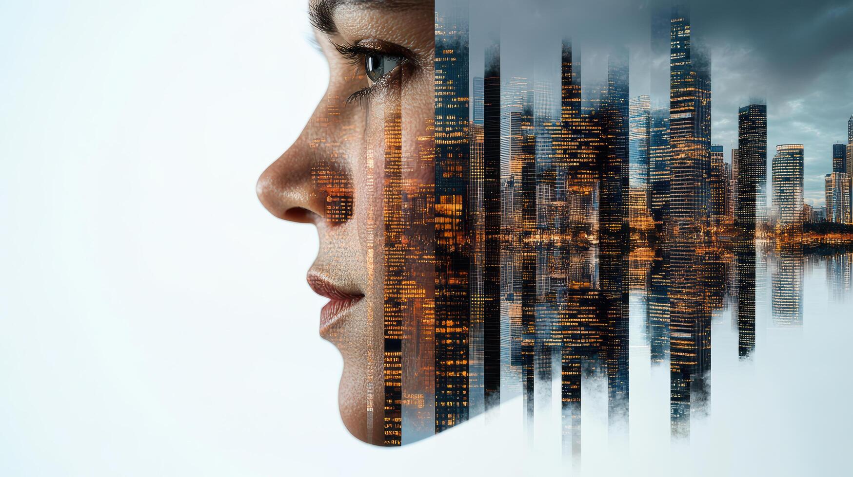 Double exposure of a woman's face with cityscape in the background photo