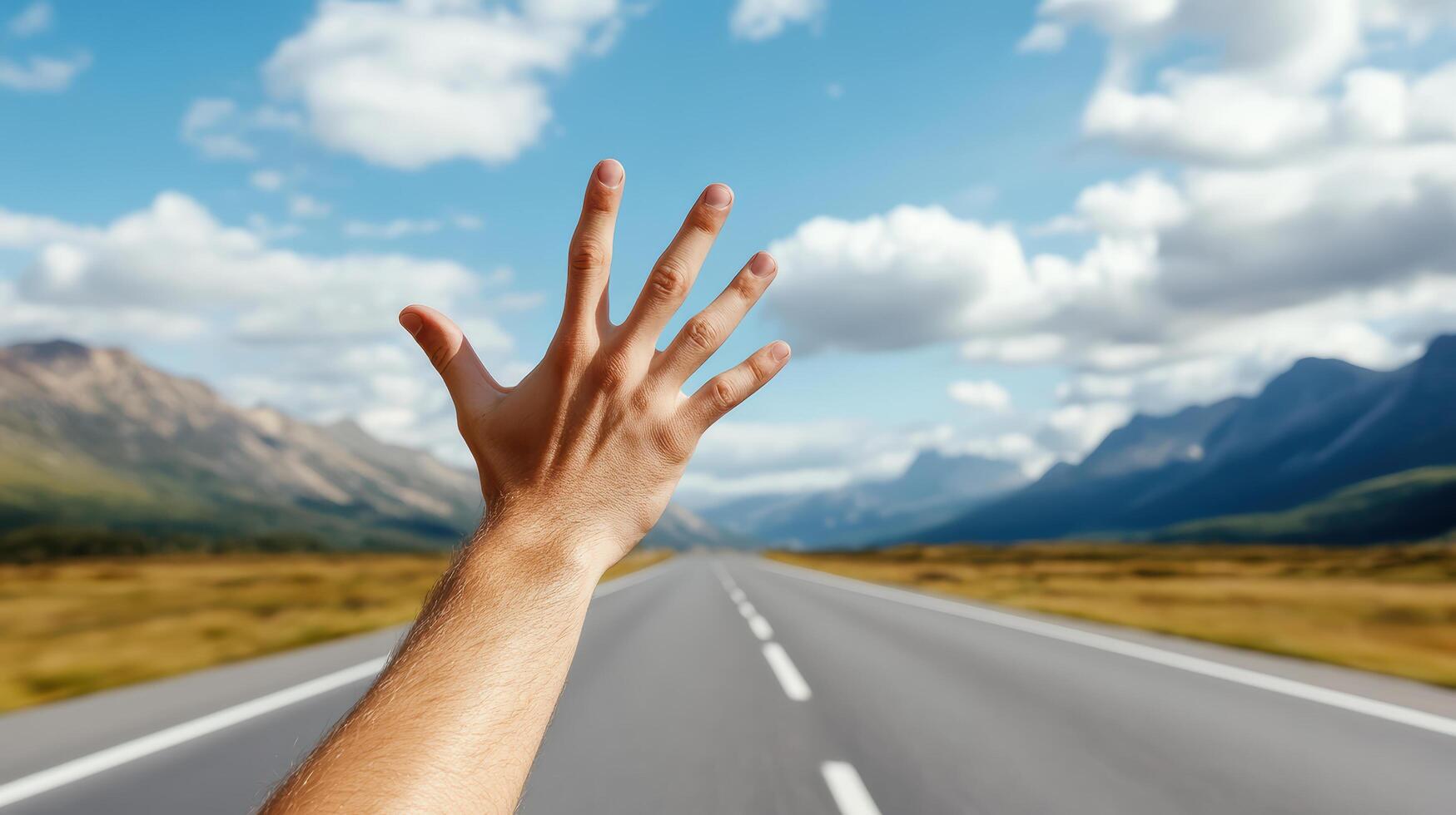 A hand reaching out to the sky on an empty road photo