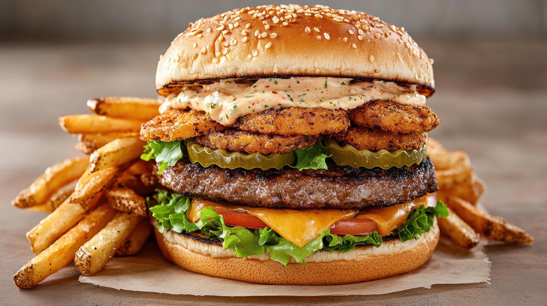 A large hamburger with fries and a side of fries photo