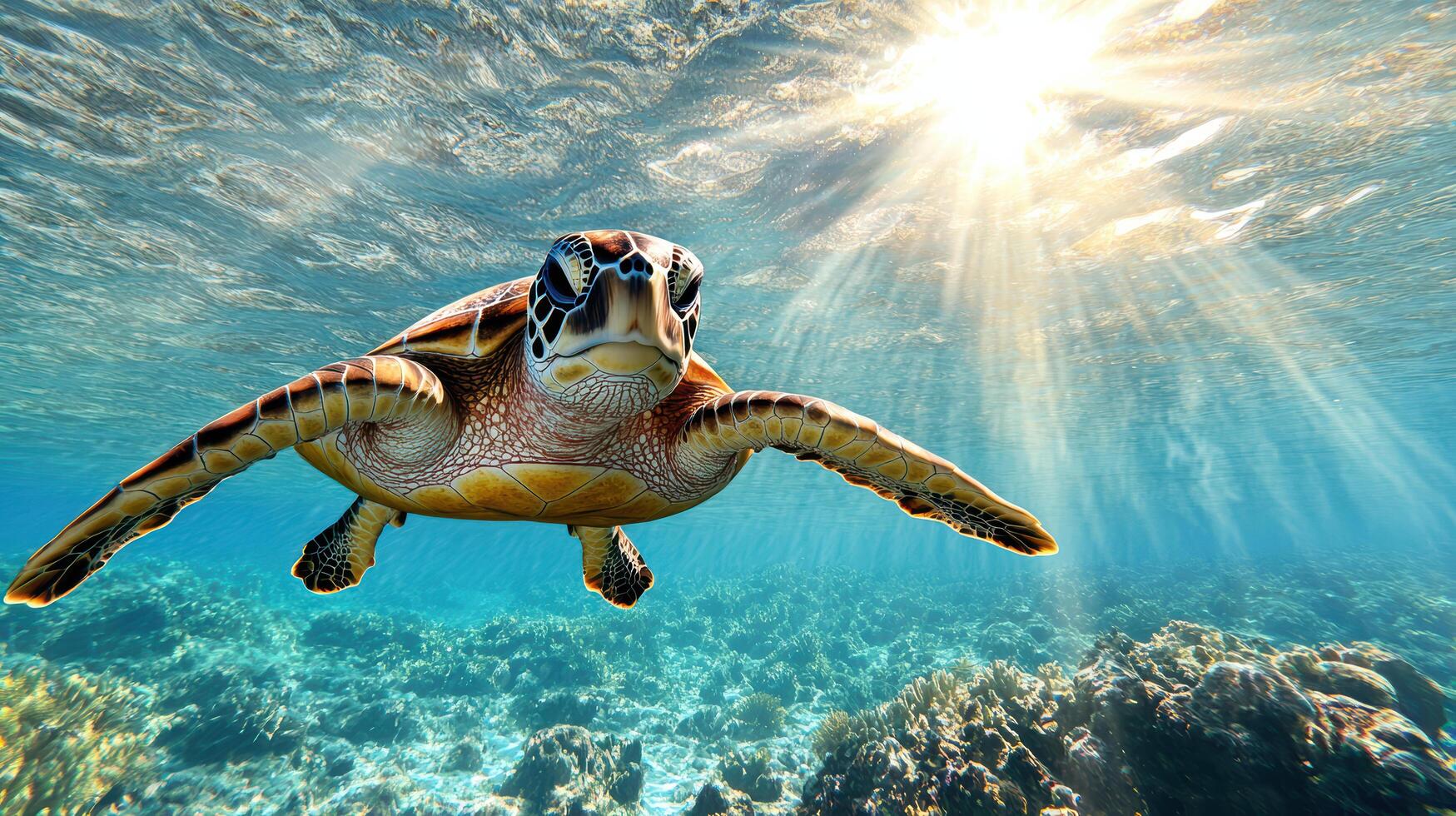 A turtle swimming in the ocean with sunlight shining on it photo