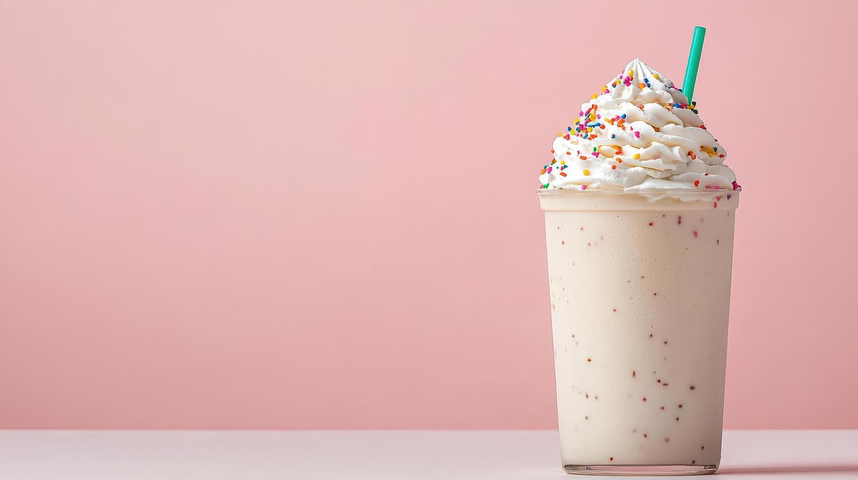 A white milkshake with sprinkles and a straw photo