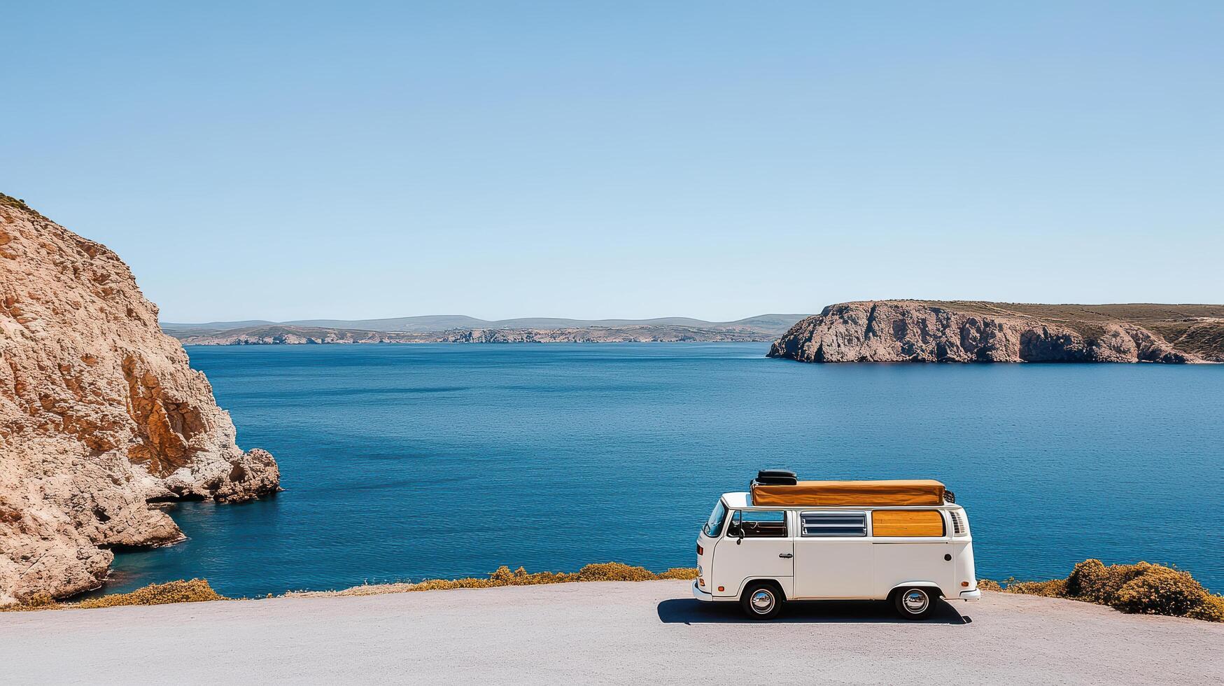 A van is parked on the side of a road near the ocean photo