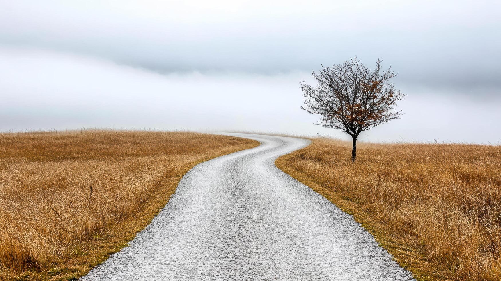 A lone tree stands on a lonely road in the middle of a field photo