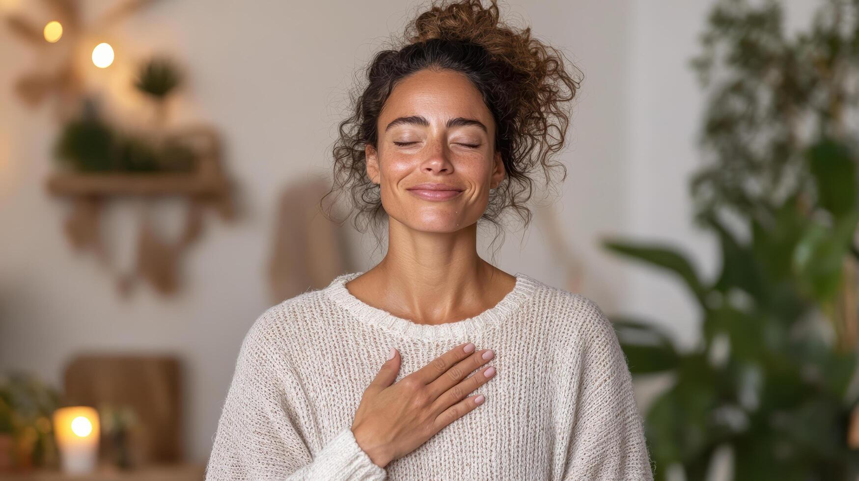 A woman is smiling while sitting in a yoga pose photo