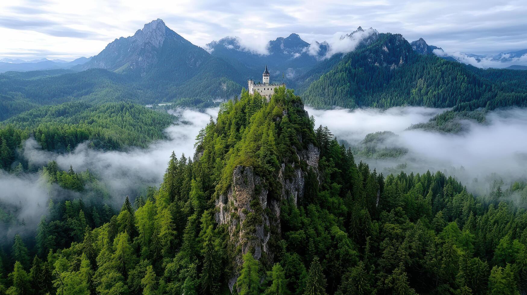 The castle on top of a mountain surrounded by trees photo