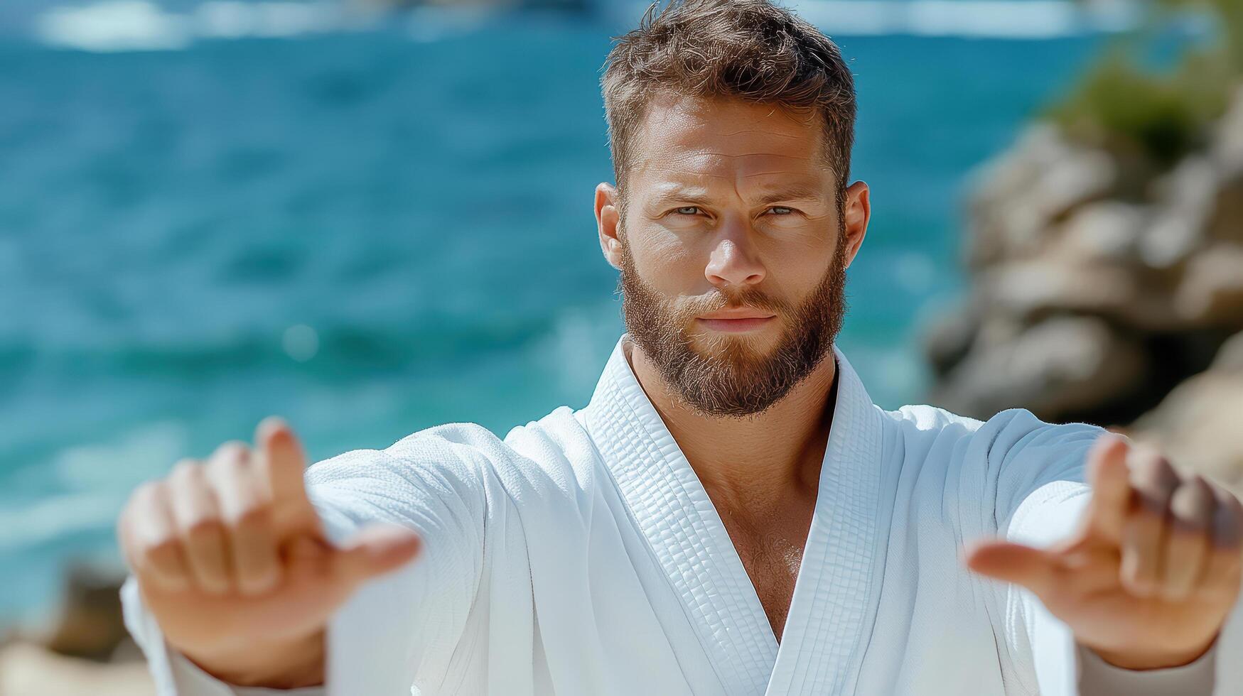 A man in a kimono is doing a karate move photo