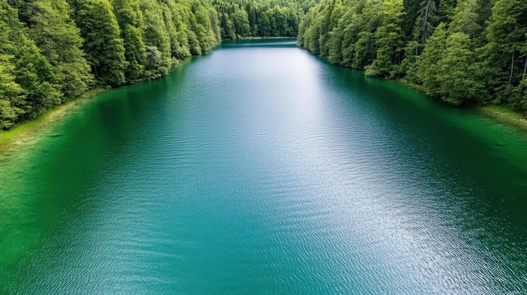 A lake surrounded by green trees and green water photo