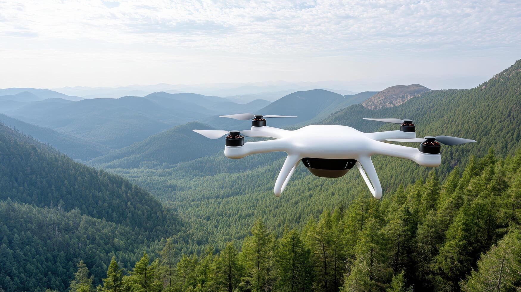 A white drone flying over a forested area photo