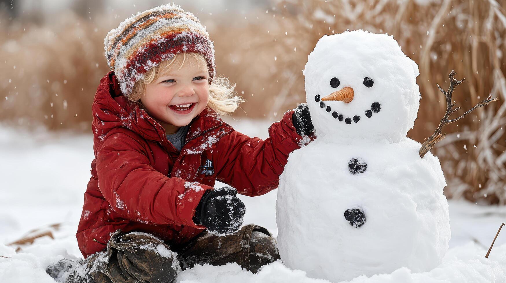 A young child is playing with a snowman photo