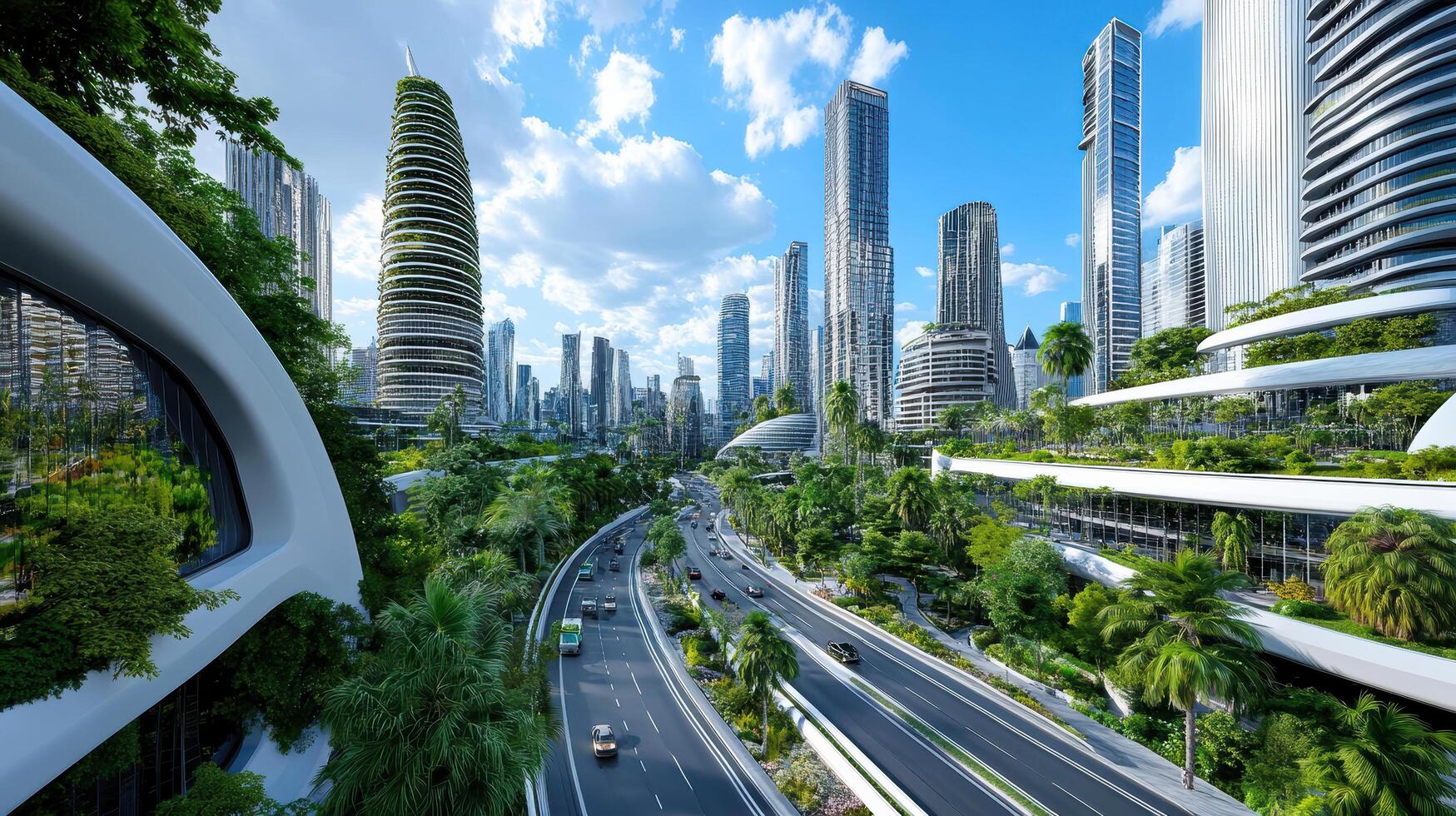 A futuristic city with lots of green plants and trees photo