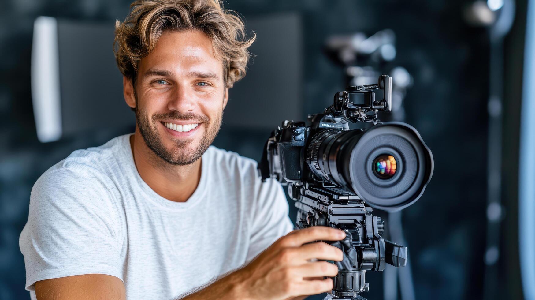A man holding a camera and smiling photo